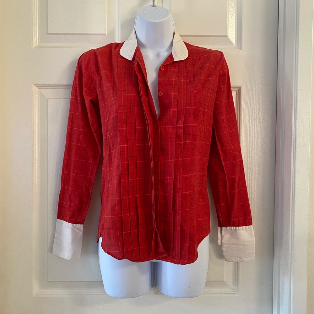 Vintage red white plaid button up blouse XS